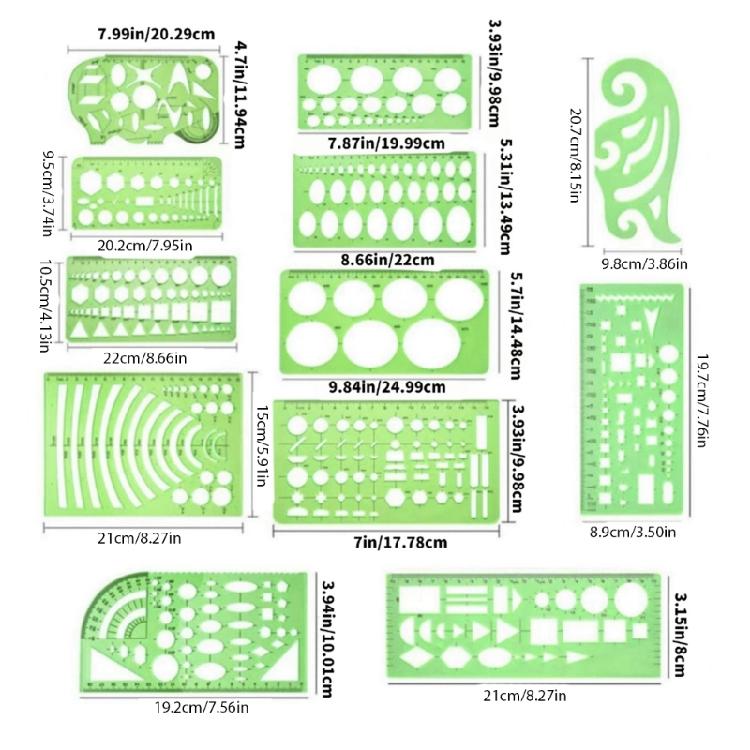 11Pcs Professional Geometric Drafting Tool Geometric Drawing Templates Set for Architect Drafting Building Engineering