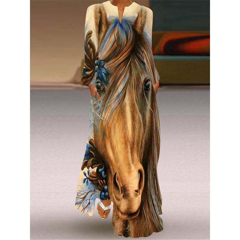 Long Sleeve Dress Good Luck Koi Pattern Print Dress Stage Show Performance Wear Travel Photography Clothes