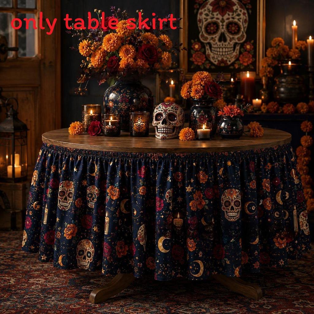 Dia De Los Muertos Table Skirt Mexican Skull Pattern Polyester Party Decor For Events
