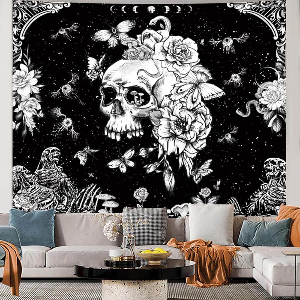 Black and White Gothic Tapestry for Bedroom Aesthetic,Skeleton Goth Witchy Tapestries Wall Hanging, Skull Floral Poster Backdrop