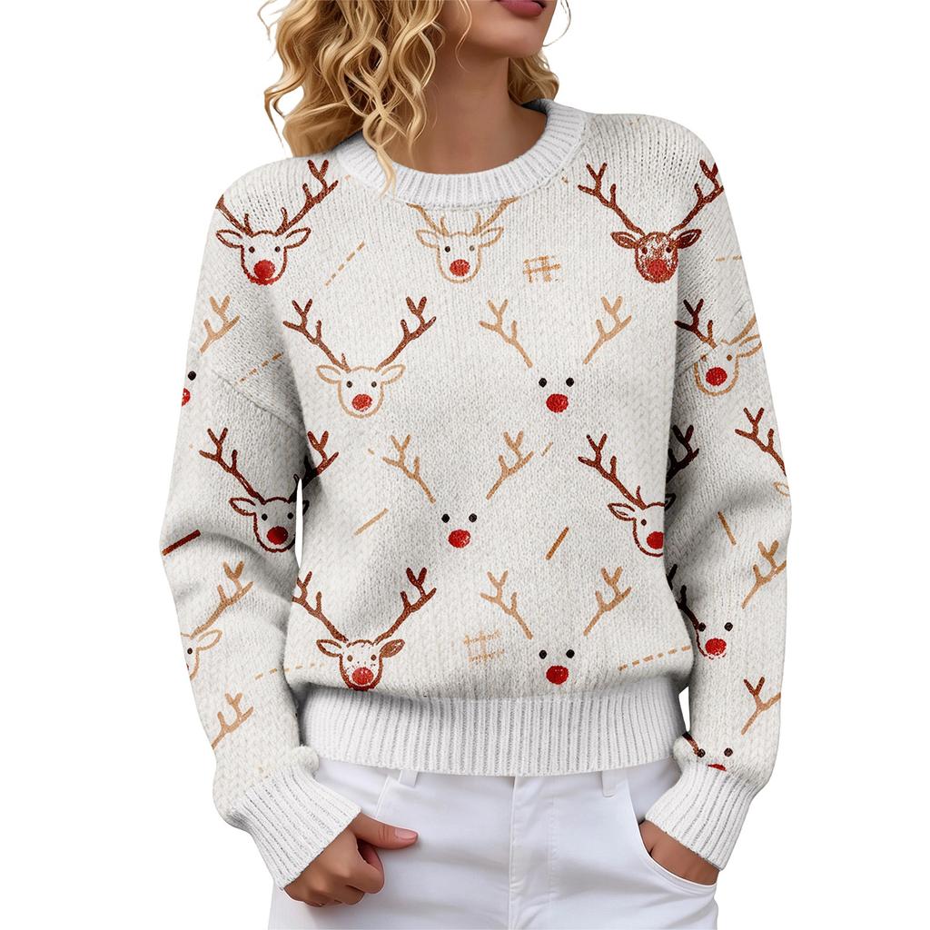 Women's Christmas Print Crewneck Long Sleeve Sweater for Fall Winter Casual Wear