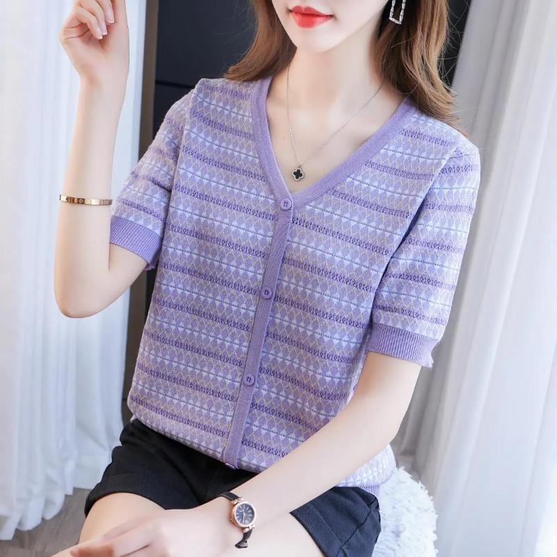 Chemisier d'été pour femme, en maille jacquard géométrique, col rond, manches courtes, coupe ample et décontractée