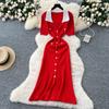 French Retro Contrasting Color Lapel Short-sleeved Metal Buckle Slim-fit Dress Women's Waist and Thin Temperament Split-ended Knitted Skirt