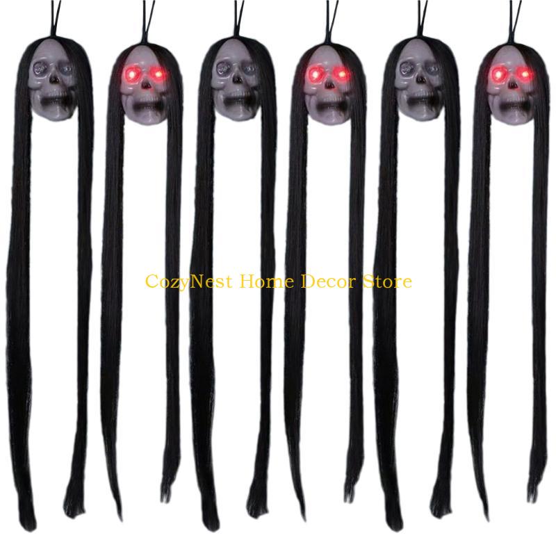 92MF Halloween Yard Decoration Flashing Eye Terrifying Long Hair Skull Party Props