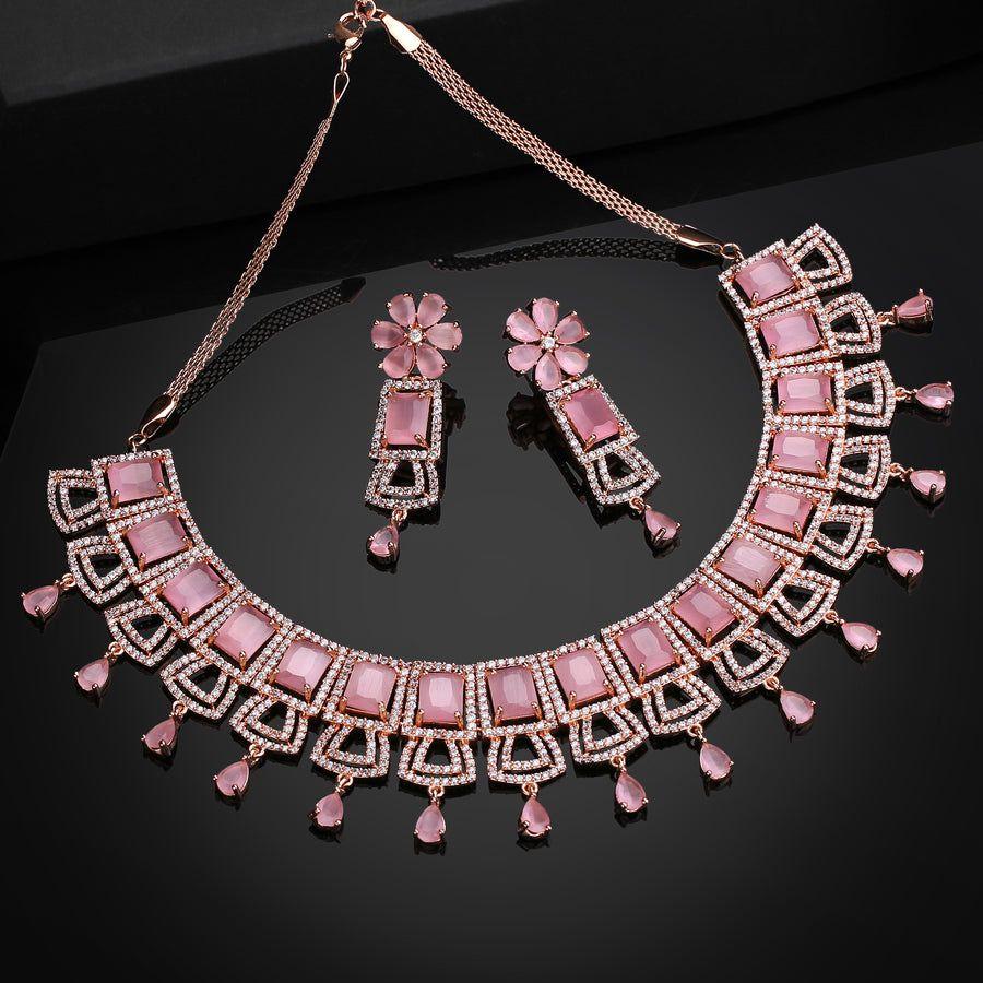 Dulhan Estele Rose Gold Necklace Set with Shimmering Cubic Zirconia and Mint Pink Stones for Women