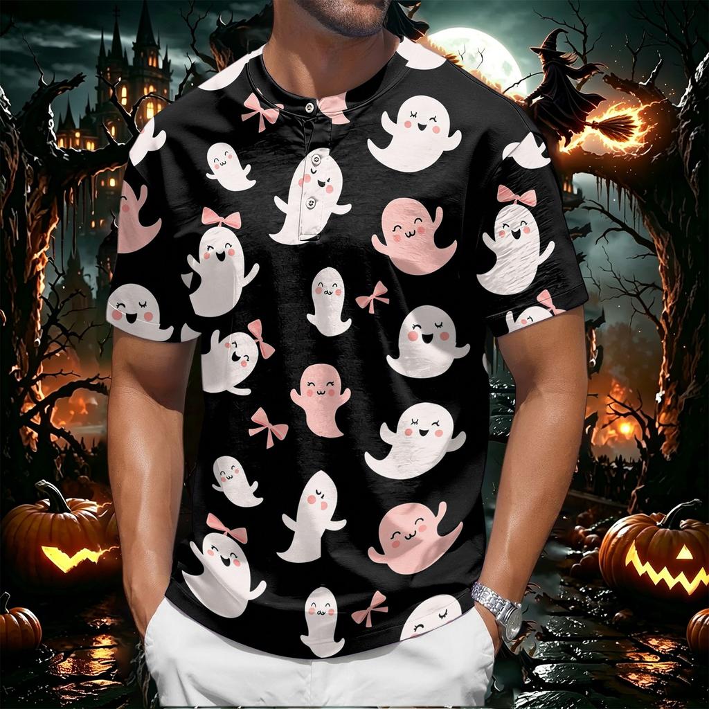 Men's Halloween Printed Crew Neck Short Sleeve Shirt Casual Loose Fit Top with and Pumpkin Pattern for Holiday