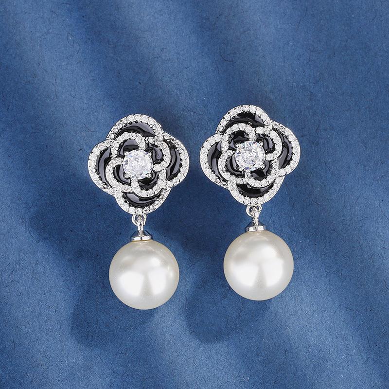 Jewelry Copper Bottom Gold-Plated Inlaid Pearl Temperament Camellia Set Female 16-14Mm