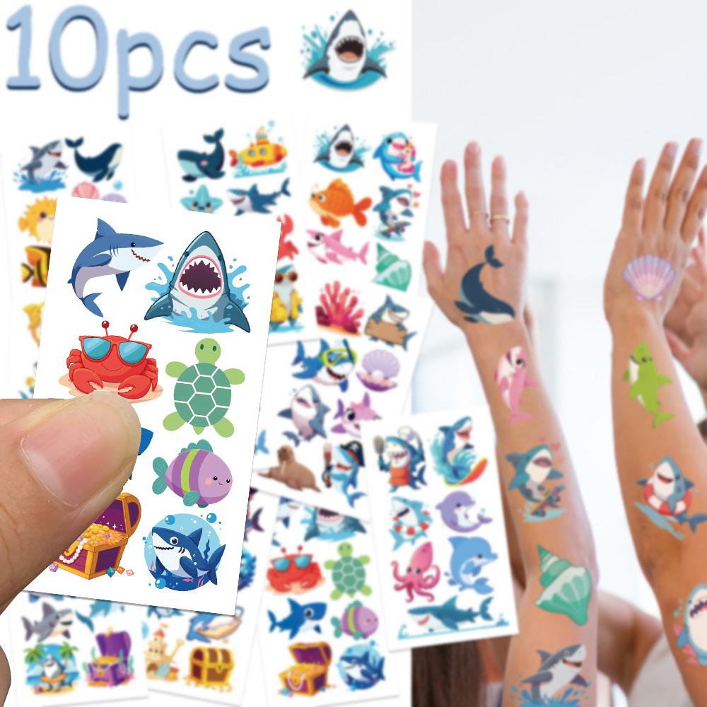 10sheets Cartoon Cute Sharks Tattoo Stickers For Face Hand Body Temporary Fake Waterproof Tattoo Stickers Kids Creative Gifts