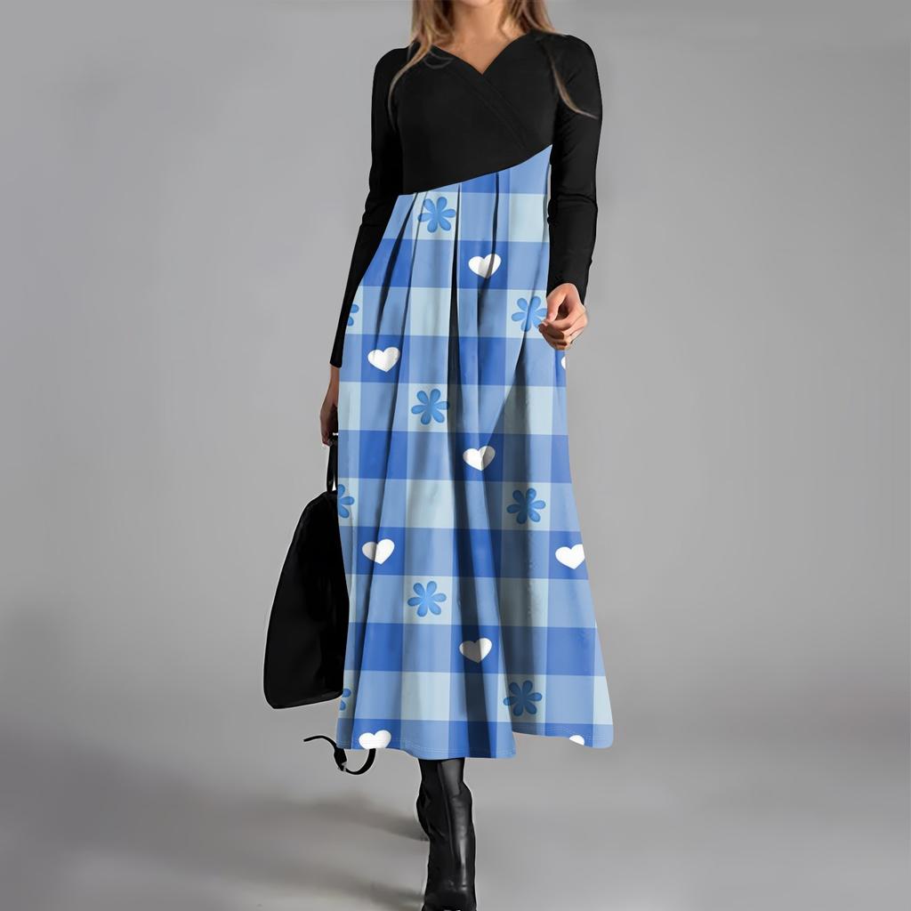 Dámské ležérní šaty s dlouhým rukávem s výstřihem do V, kostkovaným potiskem, stahovací kapsou v pase a velkými swingovými šaty