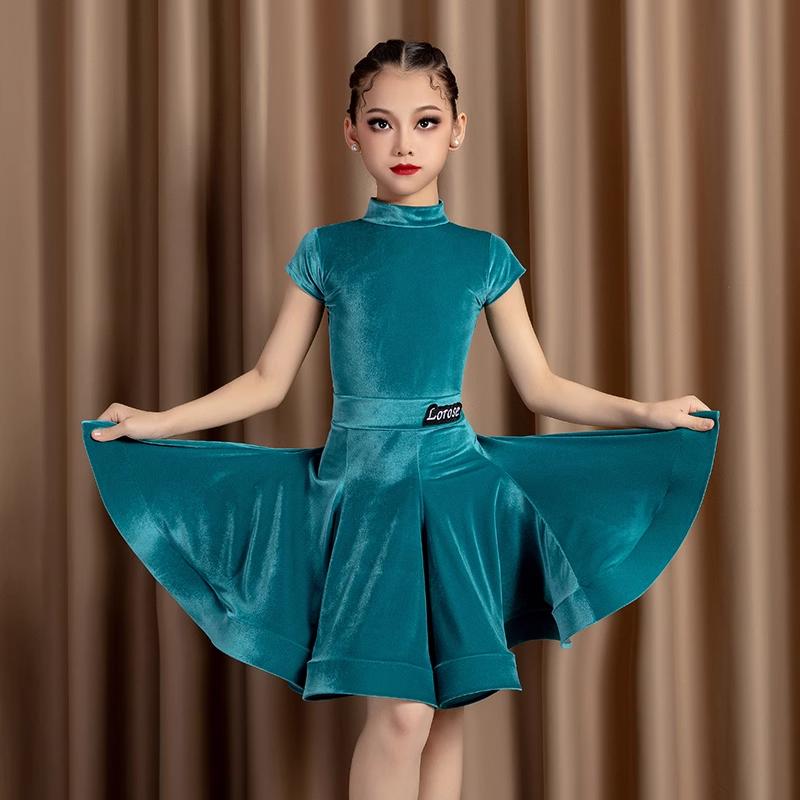 Children's Latin Dance Costumes Short Sleeves Velvet Summer Autumn Practice Grade Test Competition Regulations