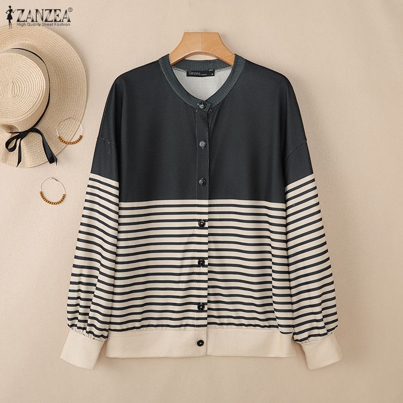 ZANZEA Blusa feminina casual gola redonda manga comprida listrada