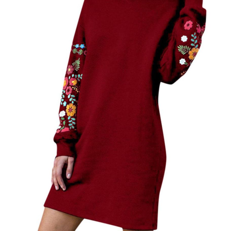 

Осенние женские платья-толстовки с длинным рукавом, вышитый узор на воротнике, размер плюс S красный