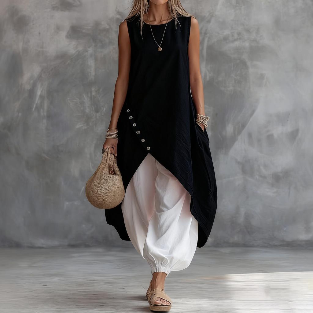 Women's Fashion Casual Colour Sleeveless Cotton Linen Pocket Dress