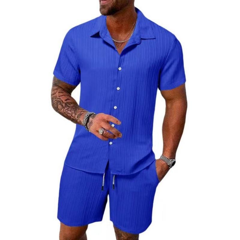 Summer Men's Solid Color Comfortable Casual Shirt Short Sleeved Beach Pants Set