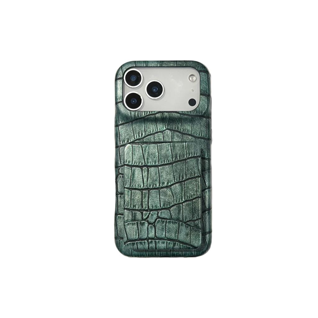 Retro Fashion Leather Imitation Crocodile Skin Texture Cover Case For iPhone 17 16 15 14 13 Pro Max with Flip-up Mirror Holder