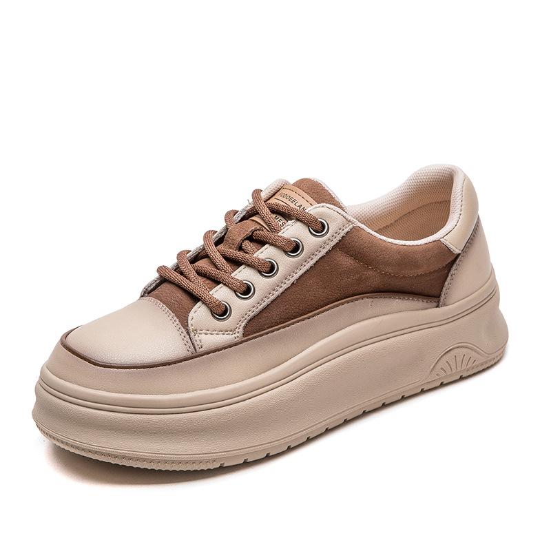 Spring Genuine Leather Platform Sneakers Women Thick Sole Wipe Color Casual Loafers Comfortable Round Toe Shoes