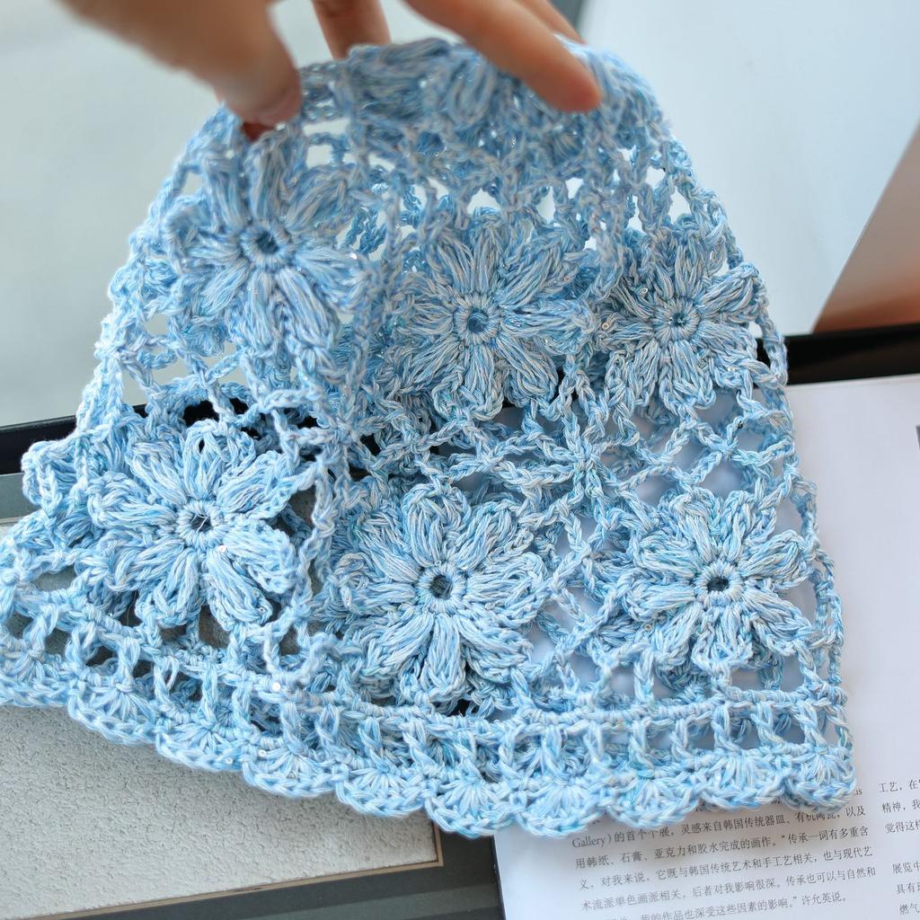 Mixed color hollow flower bag head hat women's spring and summer fine glitter sequins sweet breathable versatile knitted hat