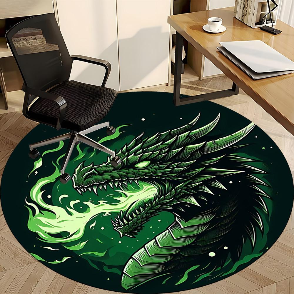 1pc Green Dragon Illustration Carpet, Round Non Slip Durable Large Size Office Carpet, Suitable for Office