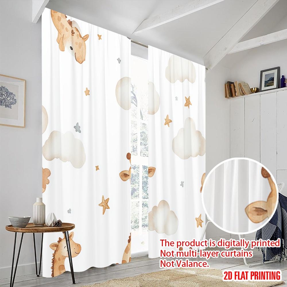 2pcs,2D Plane Printing Curtains Digital Printed Cute Giraffe Constellation Star Cloud Versatile Durable Polyester (without Rod)