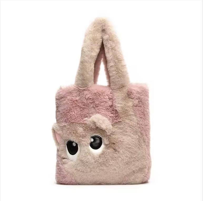 Creative Cartoon Cat Women's Plush Bag Large Capacity Embroidery Tote Bag Simple Fashion Soft Shoulder Bag for Autumn Winter