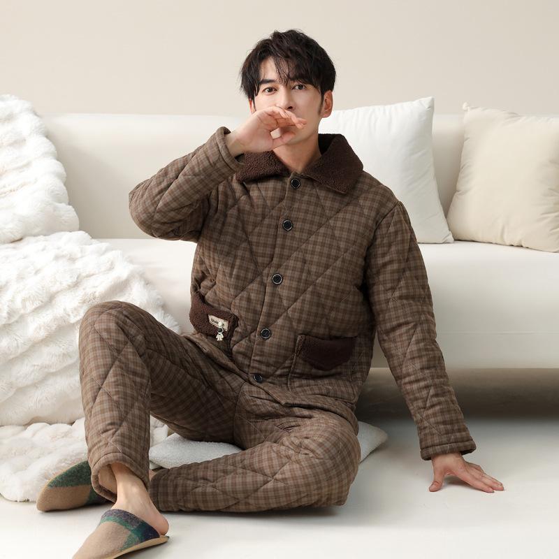 Pajamas Men'S Winter Three-Layer Thickened Fleece Pure Cotton Padded Jacket Men'S Autumn And Winter Coral Fleece Ultra-Thick Loungewear