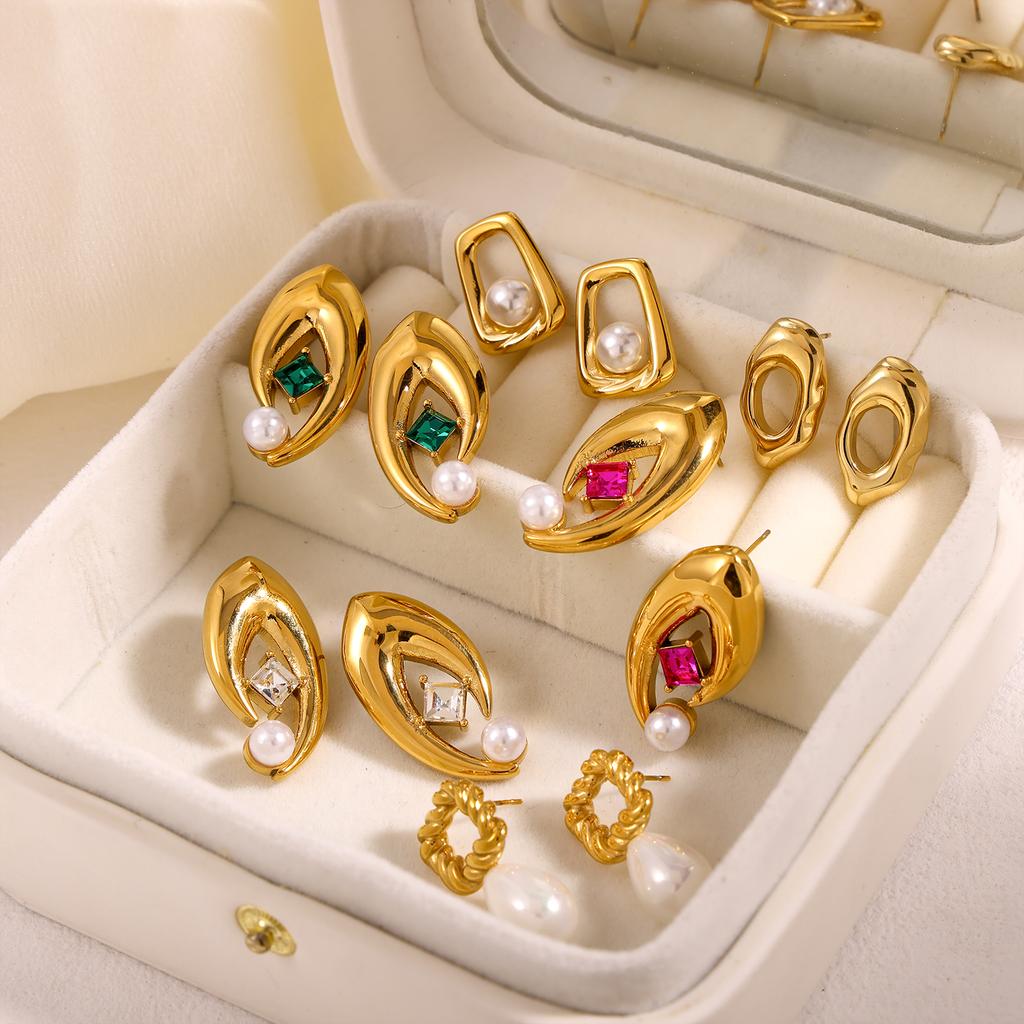 CARLIDANA Fashion Design Stainless Steel Gold Plated Tarnish Free Geometric Pearl Luxury Woman Zircon Drop Earrings Jewelry