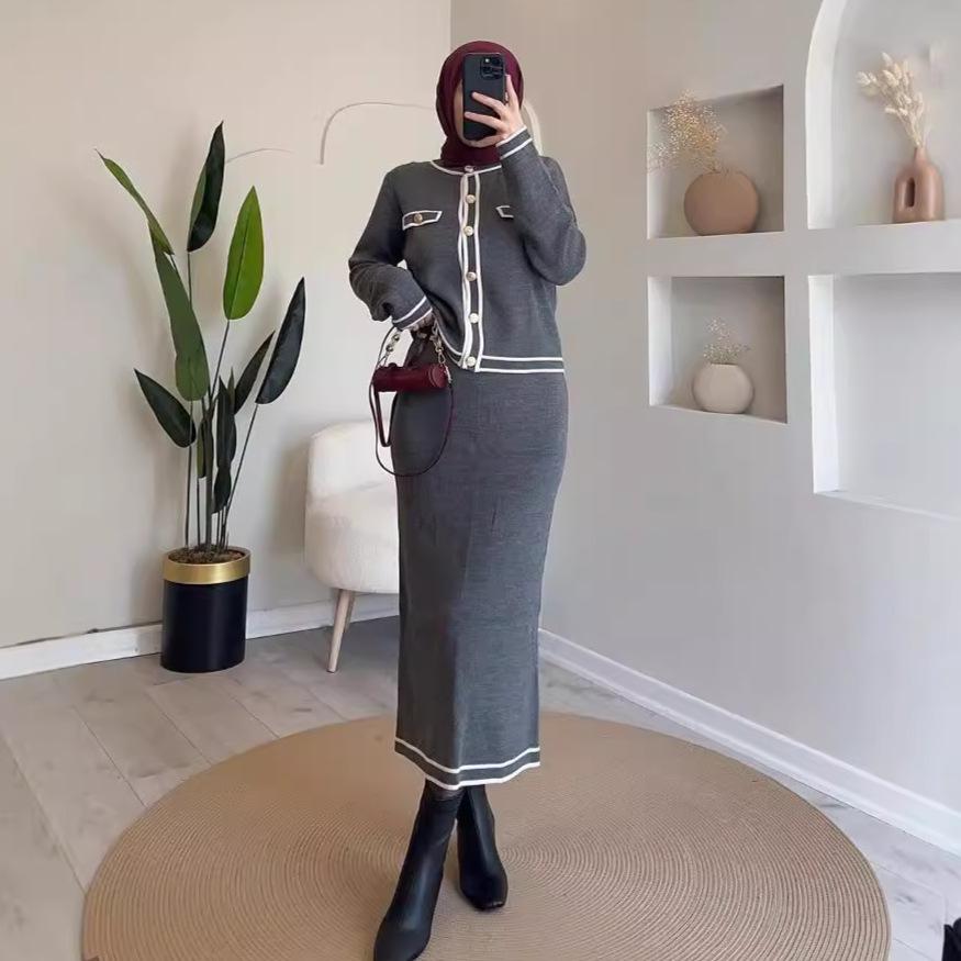 2024 Autumn European & American Color Block Two-Piece Set: Little Fragrant Style Short Top with Slimming Midi Skirt