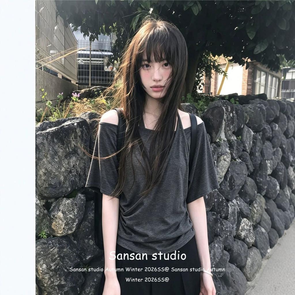 Pure desire style fake two pieces neck one-word shoulder short-sleeved T-shirt women's summer Korean pinch pleated waist thin off-the-shoulder top