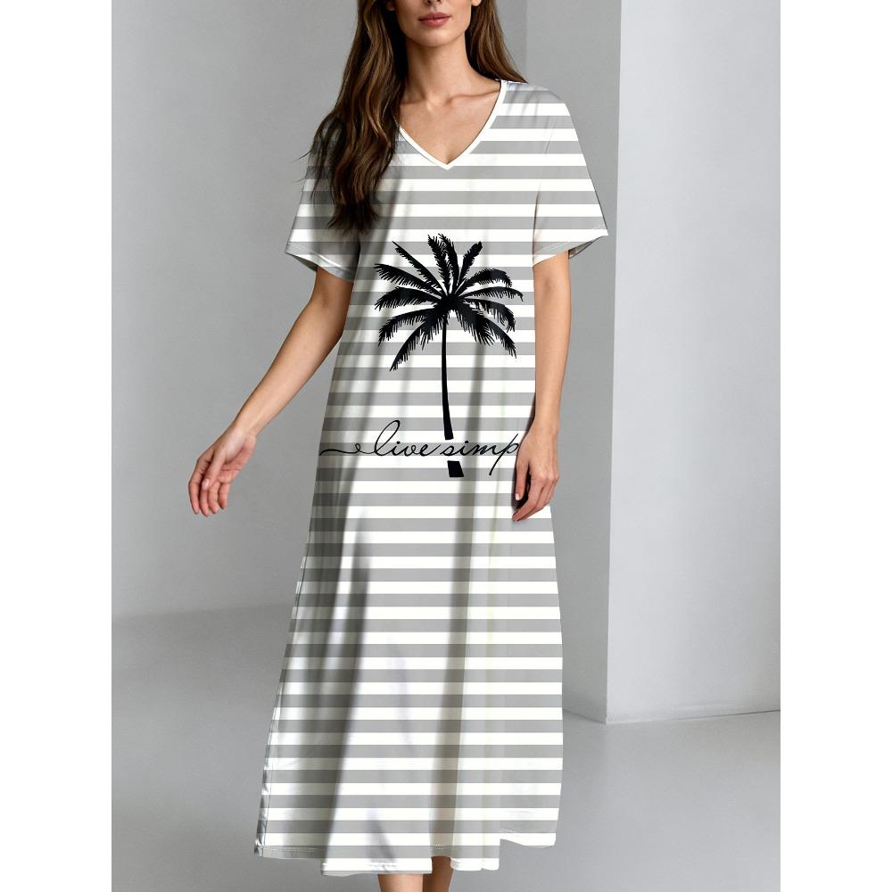 

Elegant V-neck - Striped Coconut Tree Pattern Print - Casual Elegant Extra Long Dress 2XL