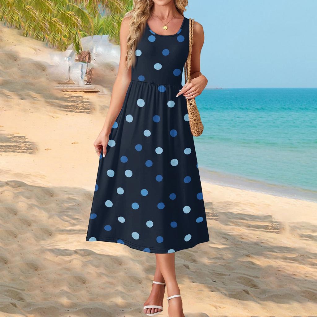 Women's Polka Dot Print Short Sleeve Midi Dress with Pockets for Beach Vacation and Casual Summer Wear