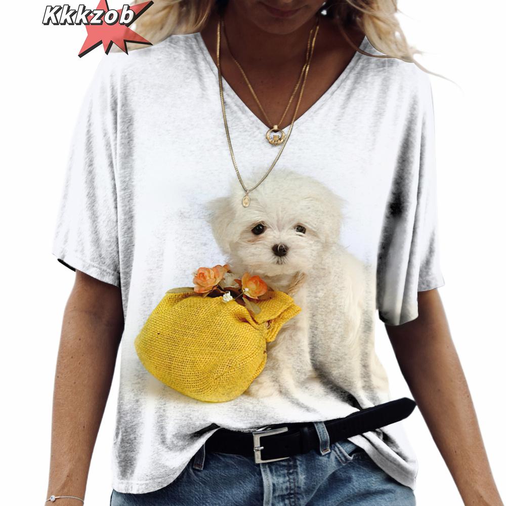 3D Print Pet Dog Summer Fashion 2025 Hot Sale Ladies T Shirt Short Sleeve Tops V Neck Streetwear Harajuku Casual Pullover