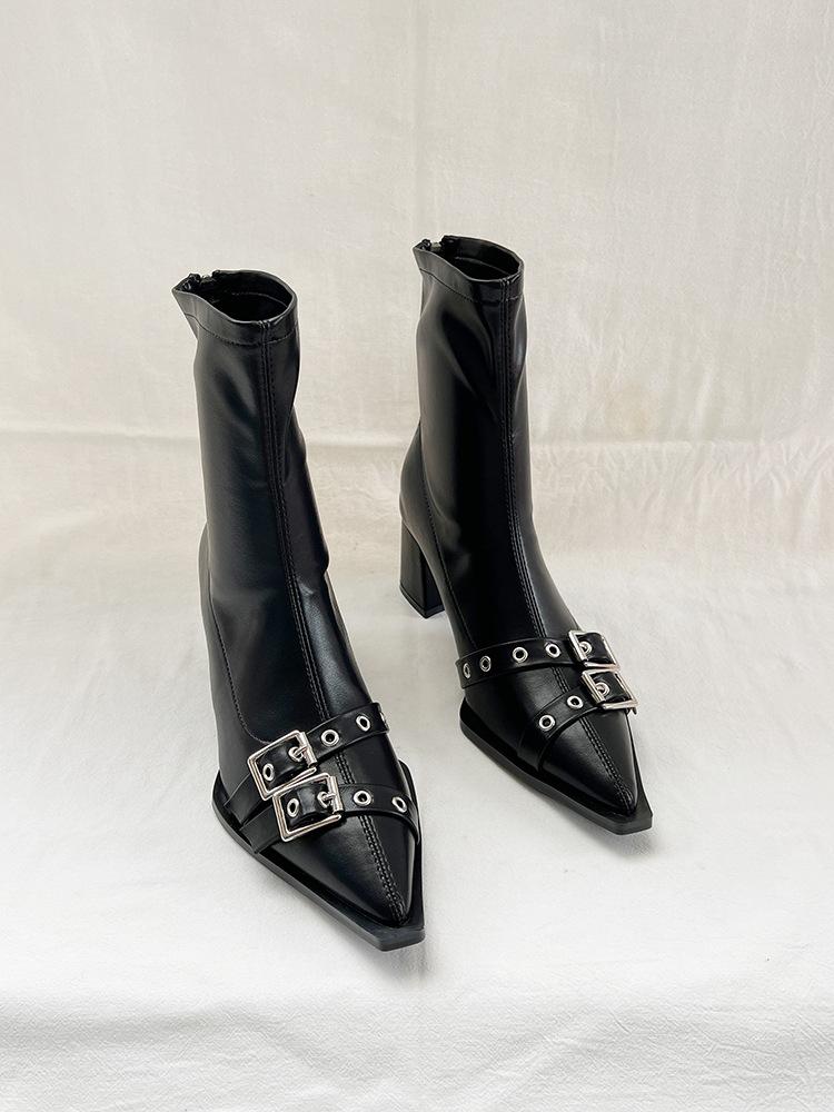 2025 autumn and winter pointed belt buckle thick heel short boots women's European and American style high heel rear zipper soft leather thin shor