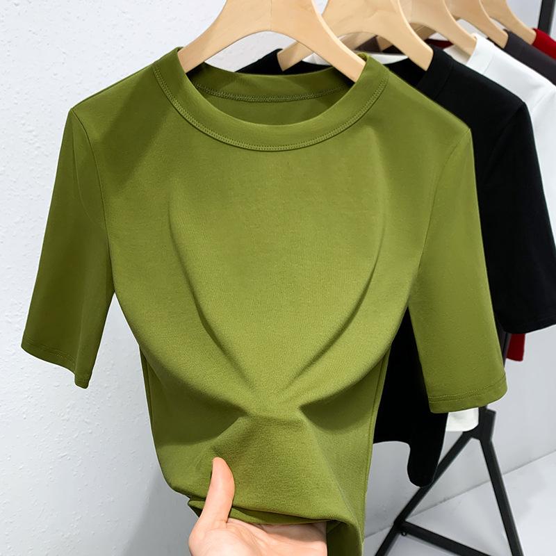 

Футболка со средним рукавом для женщин, летняя новая женская хлопковая футболка с круглым вырезом, простой однотонный облегающий топ 3XL зелёный