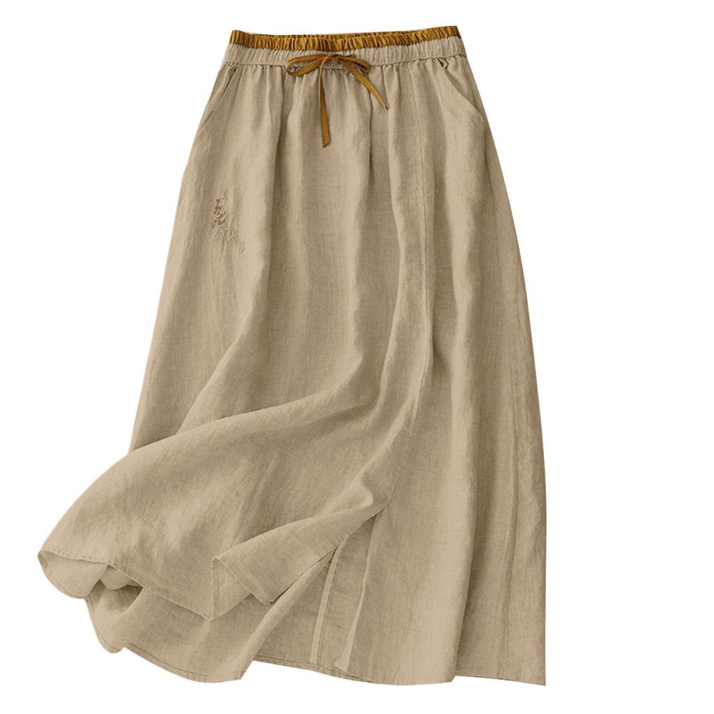 Dámská jednobarevná bavlněná a lněná poloviční sukně ležérní střední délky s elastickým pasem