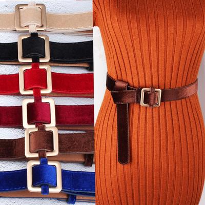 Simple Metal Square Buckle Thin Belt Women'S Dress Golden Velvet Long Shirt Sweater Accessories Tide