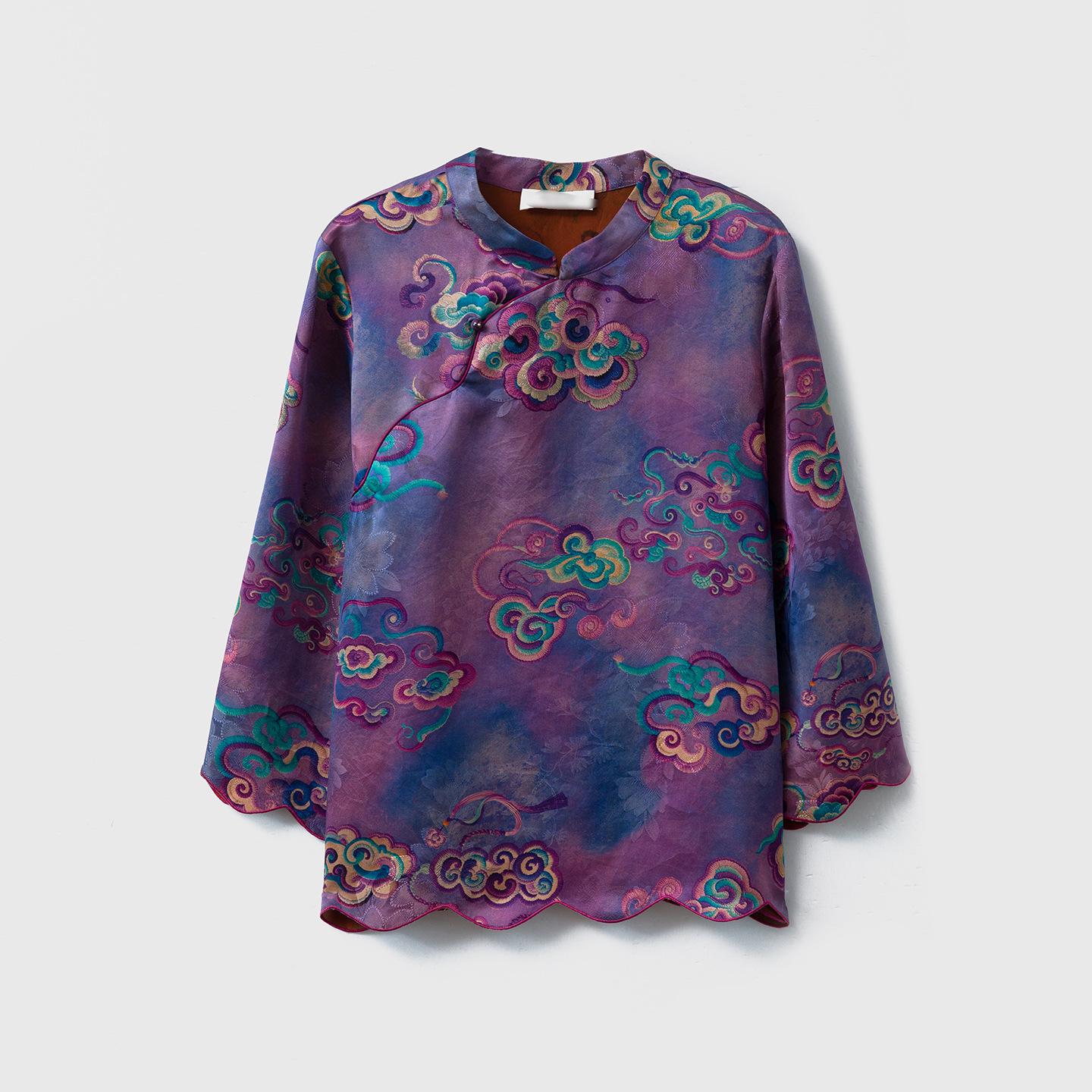

Haute Couture Purple & Gold Mulberry Silk Jacquard Top with Auspicious Cloud & Flower Pattern, Stand-Up Collar, and Frog Buttons for Autumn Double Extra Large
