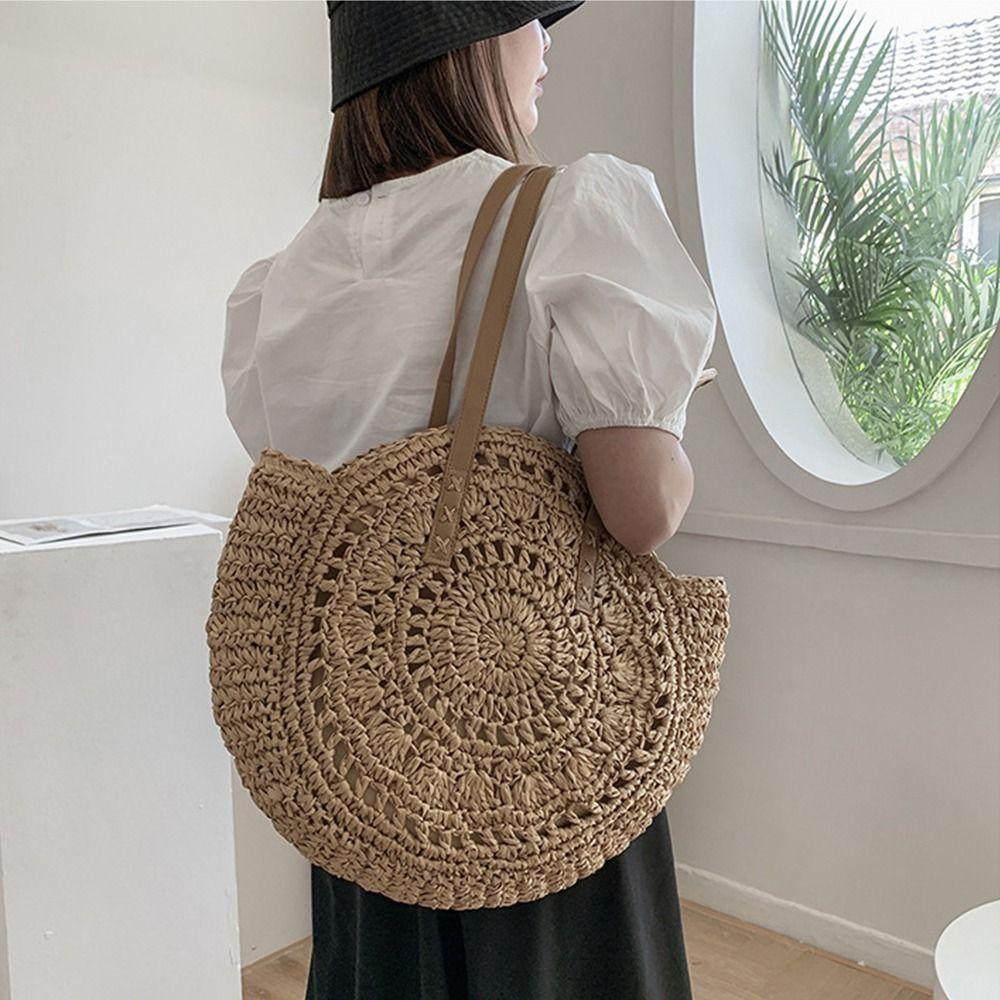Handmade Straw Weave Bag Round Woven Shoulder Bag New Straw Tote Bag  Vacation