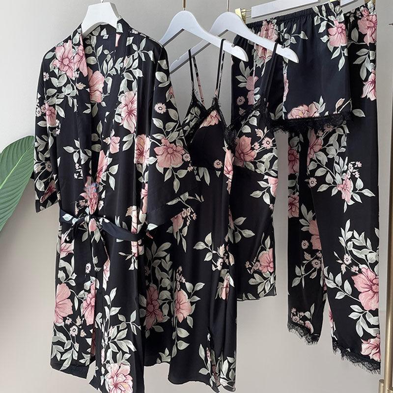 Sexy Rayon Silk 5PCS Pajamas Set Female Sleepwear Print Flower Bathrobe Nightgown Lady Relaxed Fit Casual Pijamas Suit Home Clothes