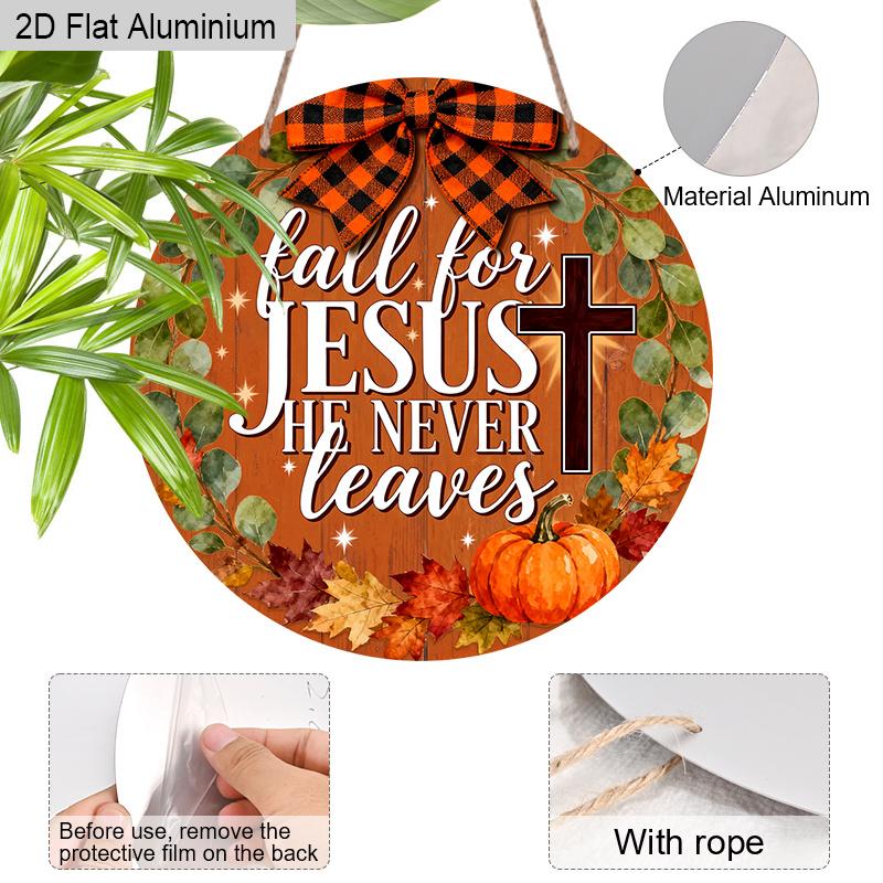 2D Flat Jesus Fall Aluminium Sign with Bow & Cross Pattern - Thanksgiving Figurine Ornaments - Ideal for Front Door, Wall, Porch, Fence Decor - Ideal