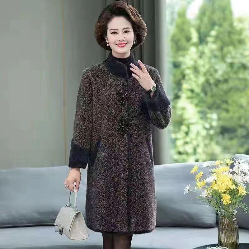Mother's Long Loose Cardigan Woolen Coat In Autumn and Winter Imitation Mink Velvet Coat for Middle-aged and Elderly Women