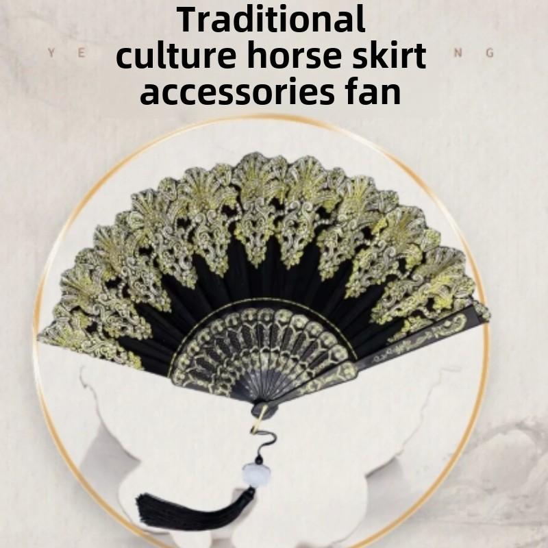 Folding retro pattern hand fan, single flower folding fan, Chinese dance fan, role-playing party decoration, women's handheld