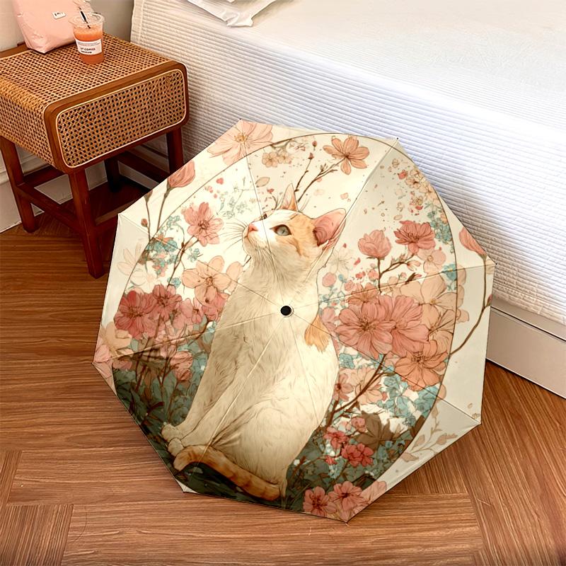1 PC Automatic Folding Umbrella - White Cat Pattern, Portable & Foldable Design with 8 Ribs, Christmas Birthday Gifts