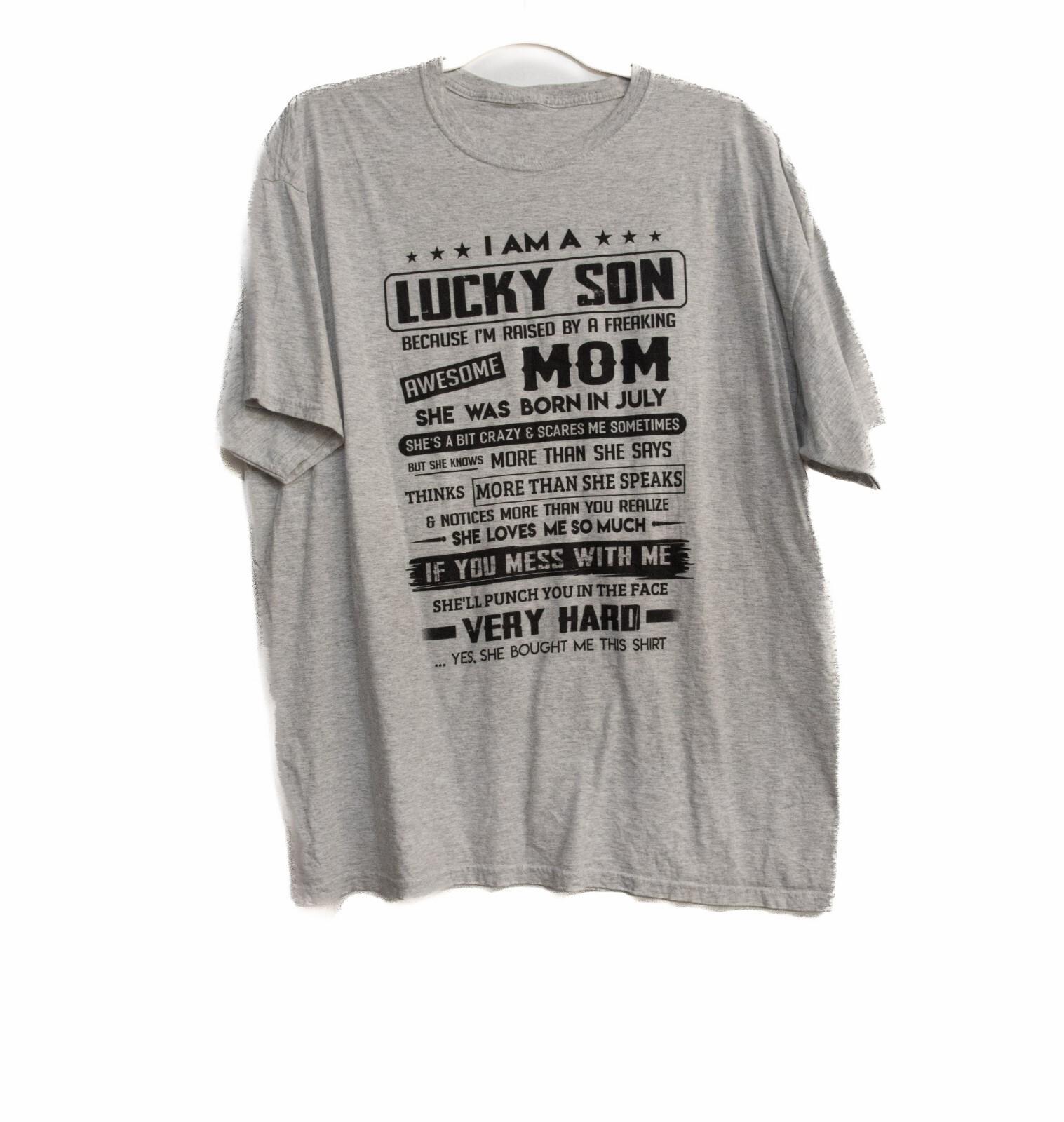 I Am A Lucky Son Mens Light Gray T Shirt Graphic Spellout Casual Short Sleeve L M