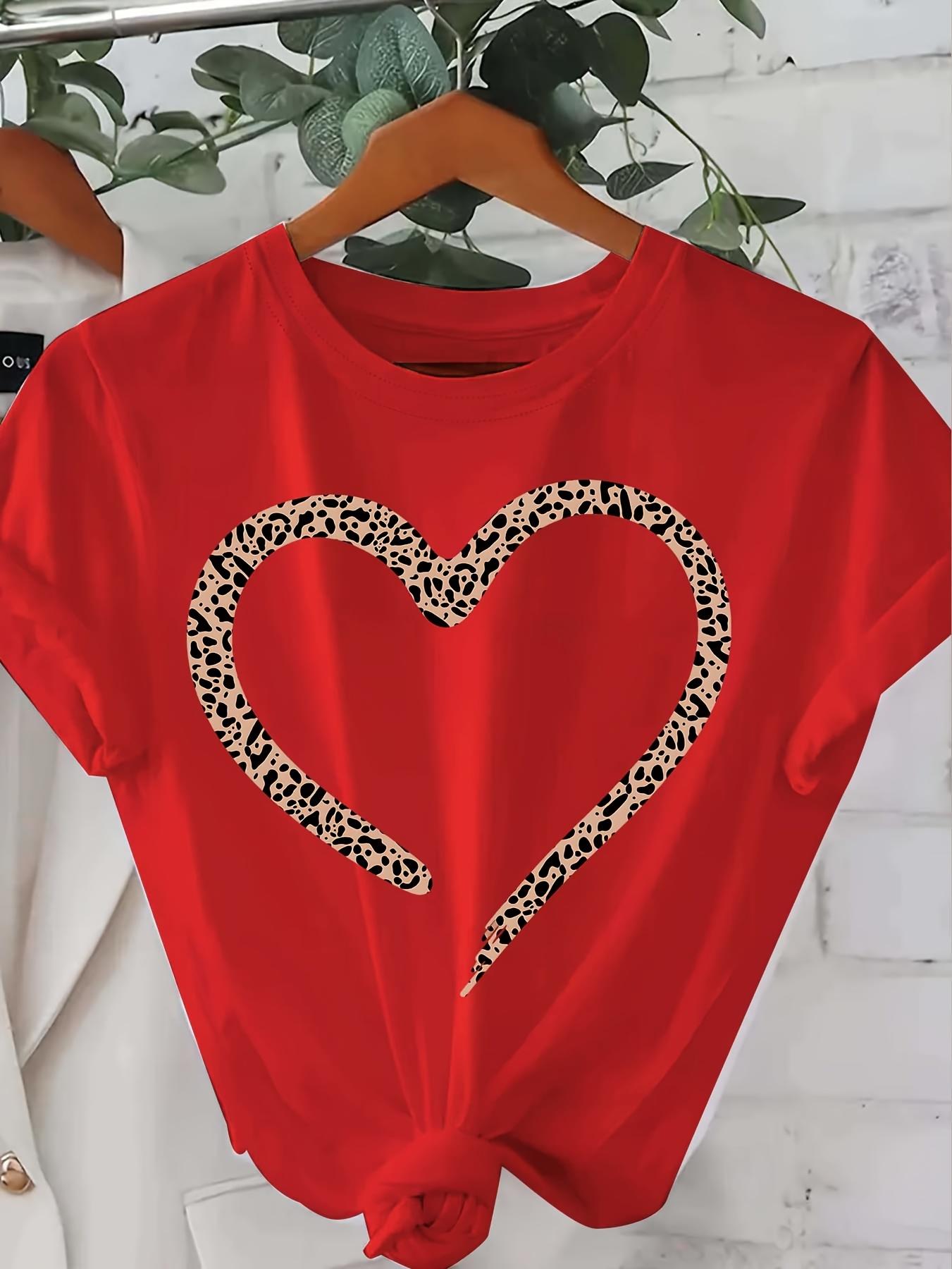 

Women s Short Sleeve Crew Neck T-Shirt - Vibrant Red with Leopard Print Heart Design,Casual Attire, Trendy Graphic Tee S