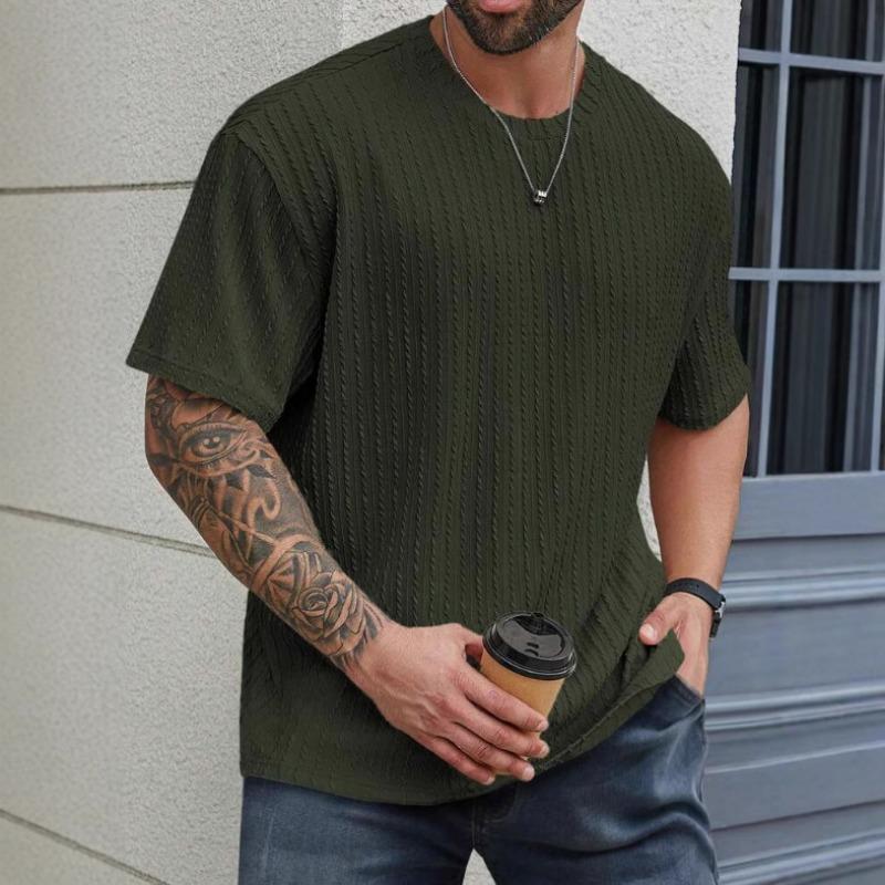 Mens Casual Solid Color Textured Short Sleeve Crew Neck T Shirt
