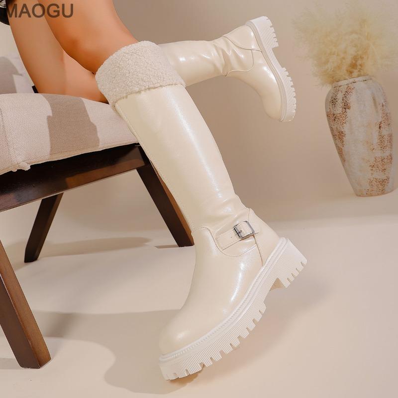 British Style Platform Chunky Shearling Knee-High Long Boots 2026 Winter New Plus Size 35-43 Belt Buckle Riding Boots for Women