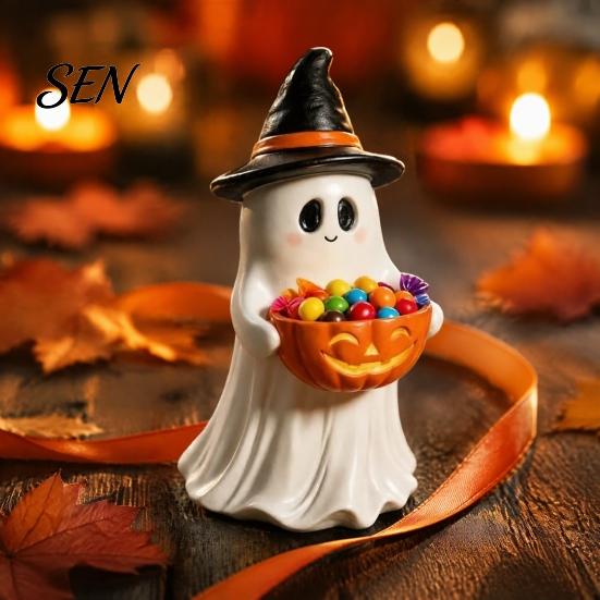 Holiday Atmosphere Enhancers Resin Ghost Statue with Pumpkin Candy Bowl for Halloween Table Decor, Cute Desk Decor Office Desktop Organizer