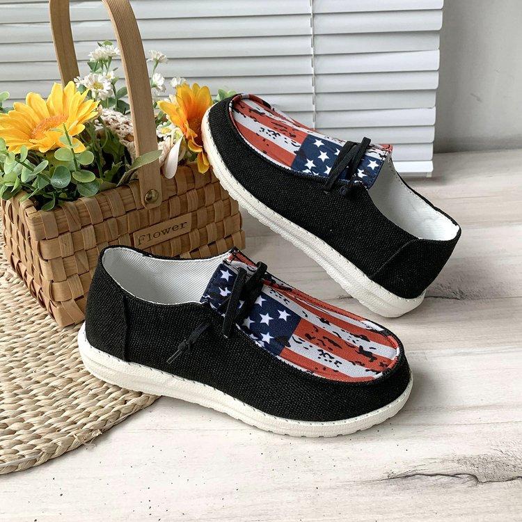 Spring and Autumn Low-top Canvas Shoes Flat Heel Star Stripe Print Lace-up Women's Shoes Casual and Comfortable Single Shoes