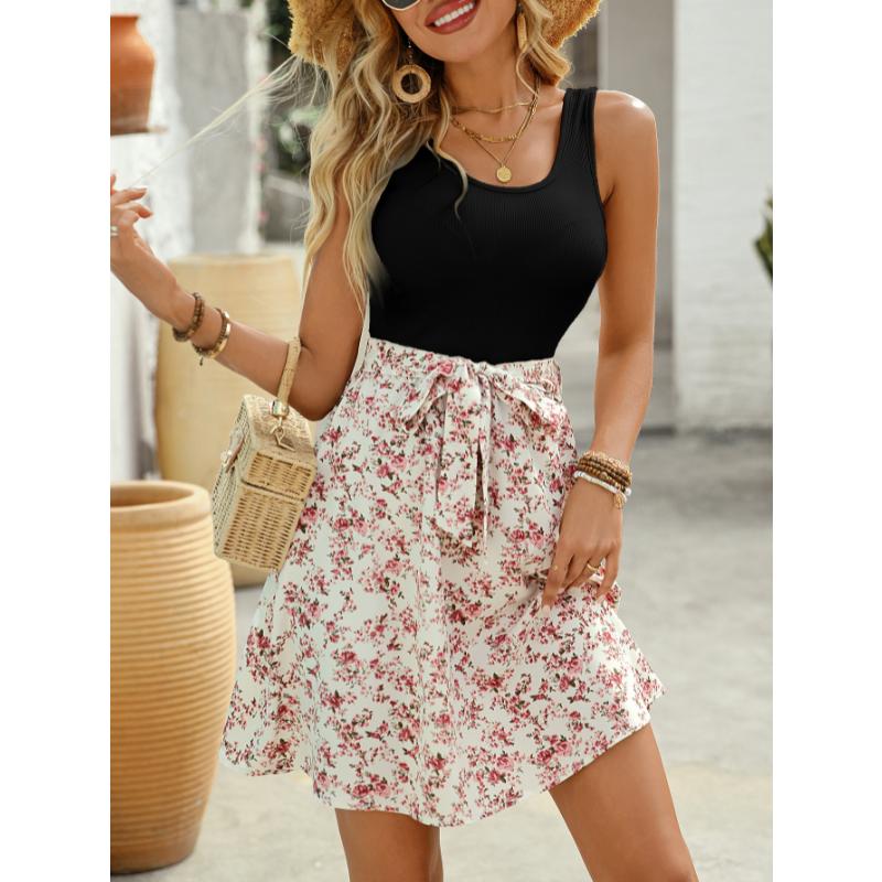 Abito Mini da Donna Primavera Estate Elegante Casual Color Block Senza Maniche Cintura Annodata Vestibilità Aderente Stampa Floreale Linea ad A
