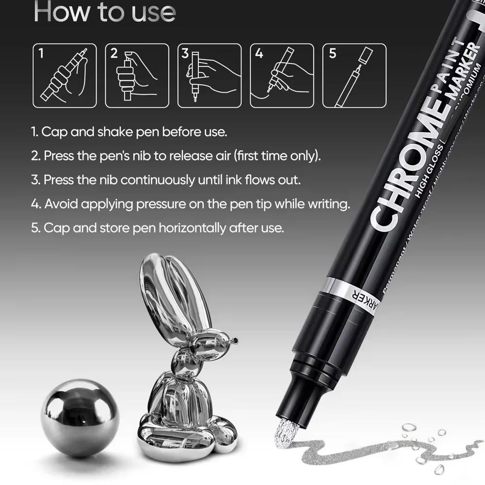 5/1pcs Chrome Pen Marker Mirror Waterproof Paint Repair For Rock Ceramic Glass Metallic Gold/Silver 2mm Nib